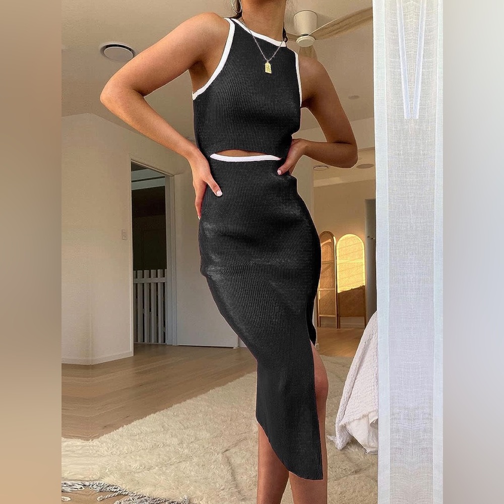 Midi Bodycon Dress Casual Crew Neck Side Slit Sleeveless Knit Cut Out Tank Top